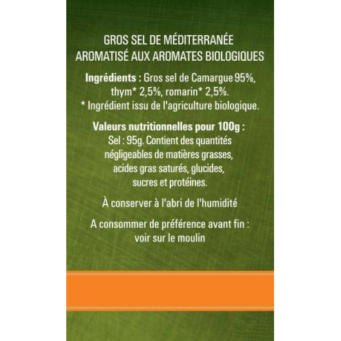 Gros sel aromatisé BIO en moulin Thym et Romarin - 80g