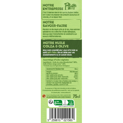 Huile de colza et olive BIO - Bouteille 75cl