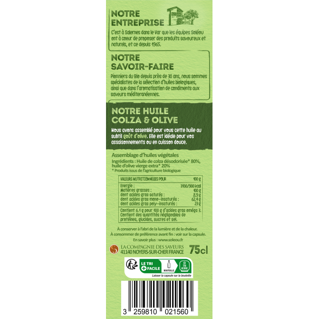 Huile de colza et olive BIO - Bouteille 75cl