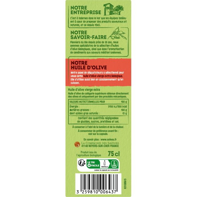 Huile d’olive BIO Fruitée - Bouteille 75cl