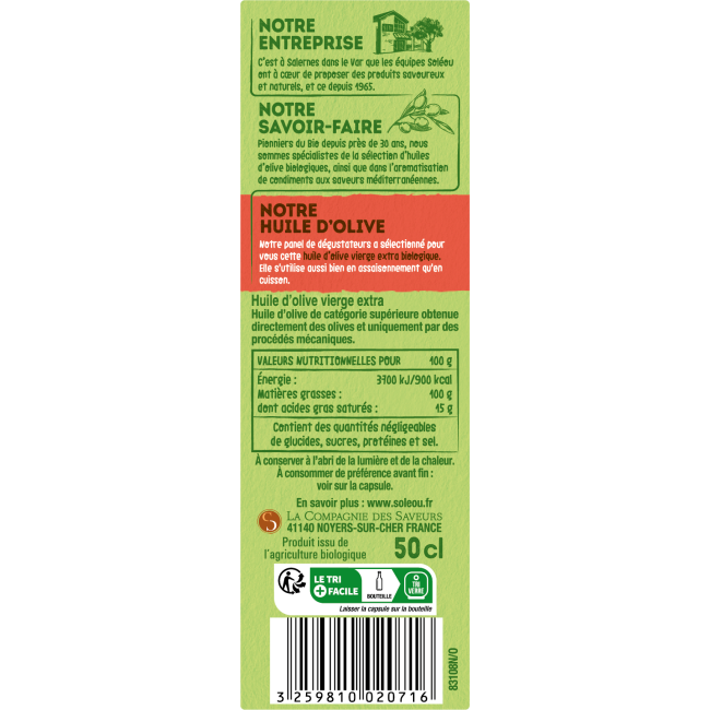 Huile d’olive BIO Fruitée - Bouteille 50cl